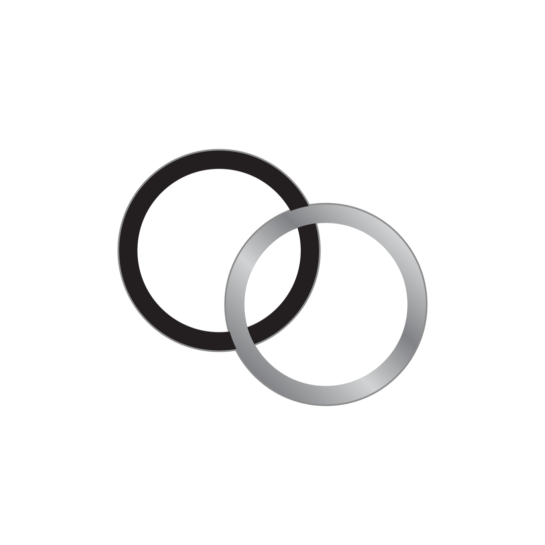 Two circular rings, one black and one silver, on a white background