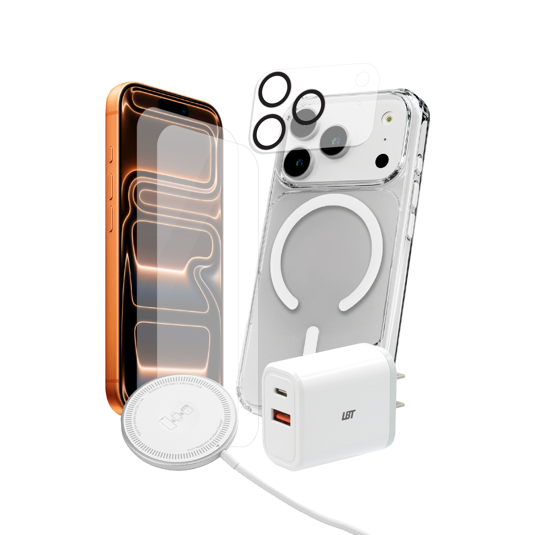 Pack 5-en-1 pour iPhone 17 Pro Max : coque magnétique transparente, verre trempé (2 unités), protection d’objectif, chargeur PD 35 W, chargeur rond