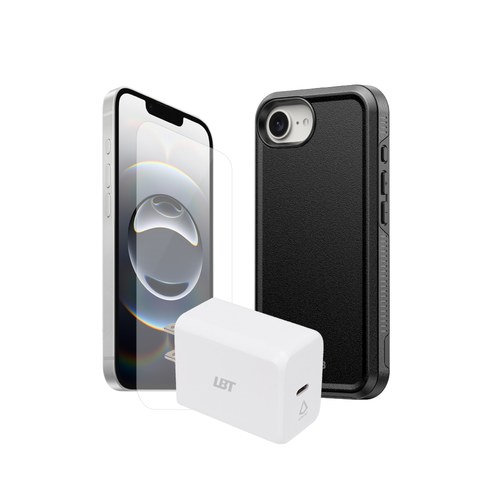 Pack 3-en-1 pour iPhone 16e : coque antichoc, verre trempé, chargeur PD 30 W