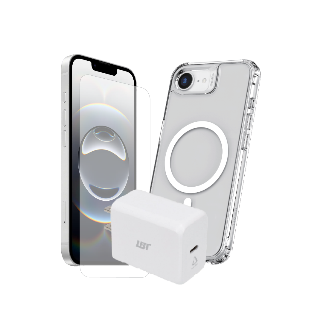 iPhone 17e / 16e 3-in-1 Starter Pack - Clear Mag Case, Tempered Glass, 30W2 PD Charger